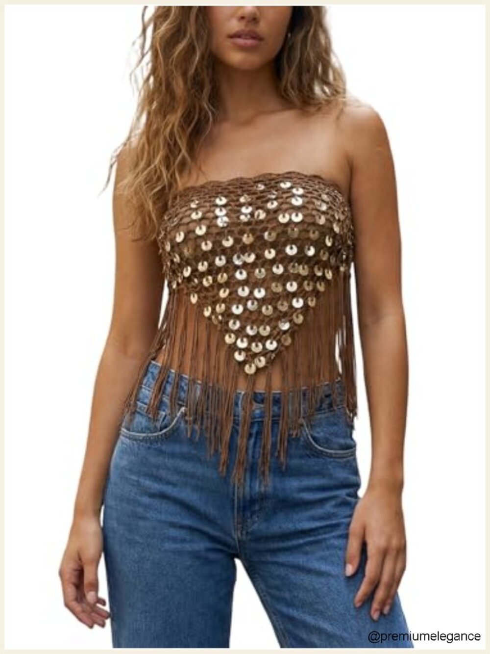 Fringe Tube Top Sequins Strapless Backless Tassel Knit Bandeau Tank Y2K